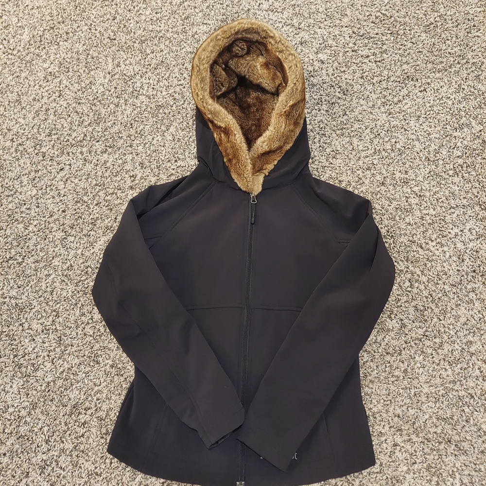 Women's Marmot Black Furlong Soft Ski Jacket with Brown Faux Fur Hood